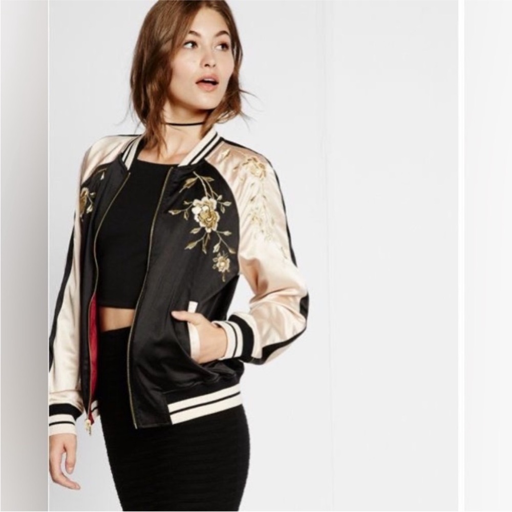 Express Floral Embroidered Reversible Black and Gold Women's Bomber Jacket